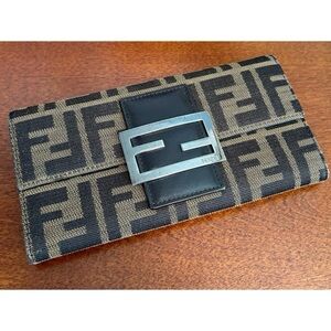 Authentic FENDI Zucca Canvas/Leather Bi-Fold Long Wallet Brown Black